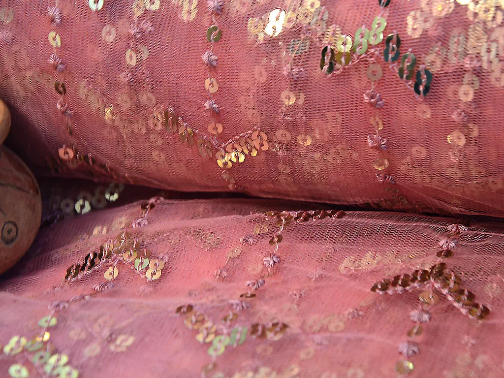 Baby Pink Abstact Thread & Sequins Embroidered Net Fabric