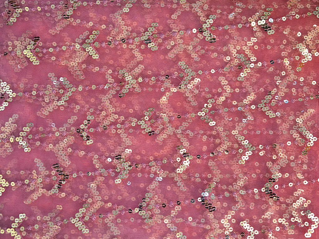 Baby Pink Abstact Thread & Sequins Embroidered Net Fabric