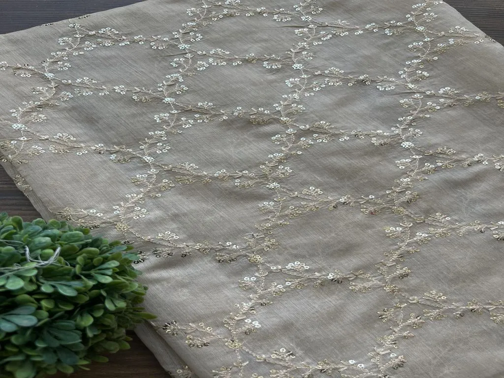 Beige Floral Sequins Embroidered Chanderi Fabric (Wholesale)