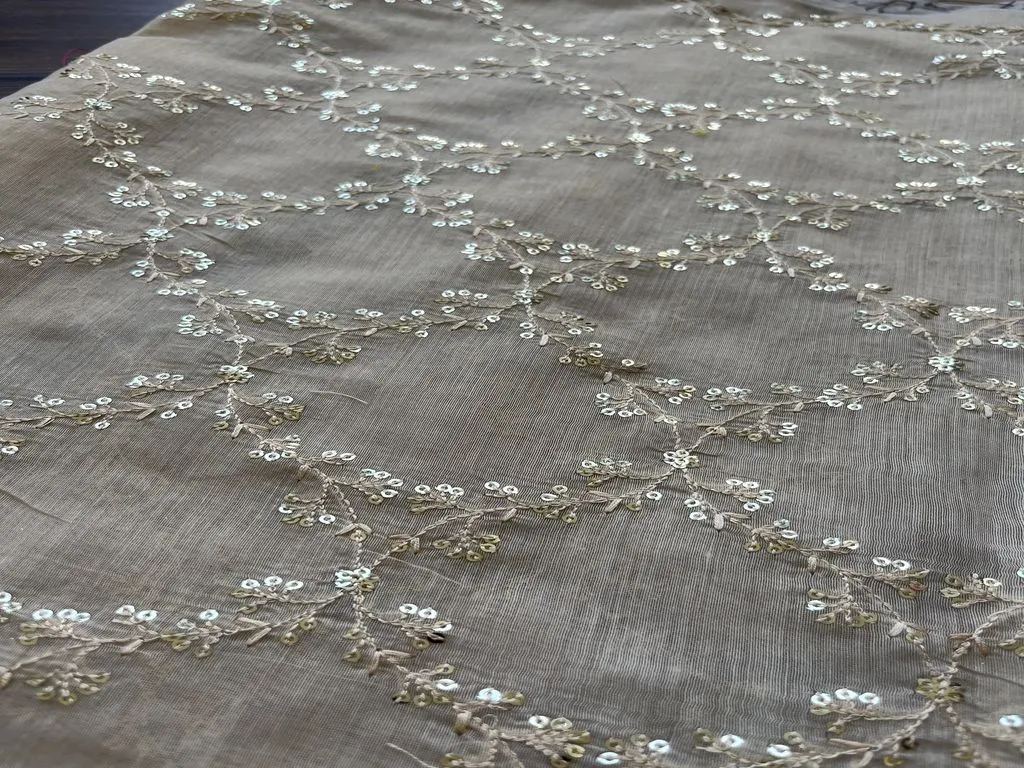 Beige Floral Sequins Embroidered Chanderi Fabric (Wholesale)