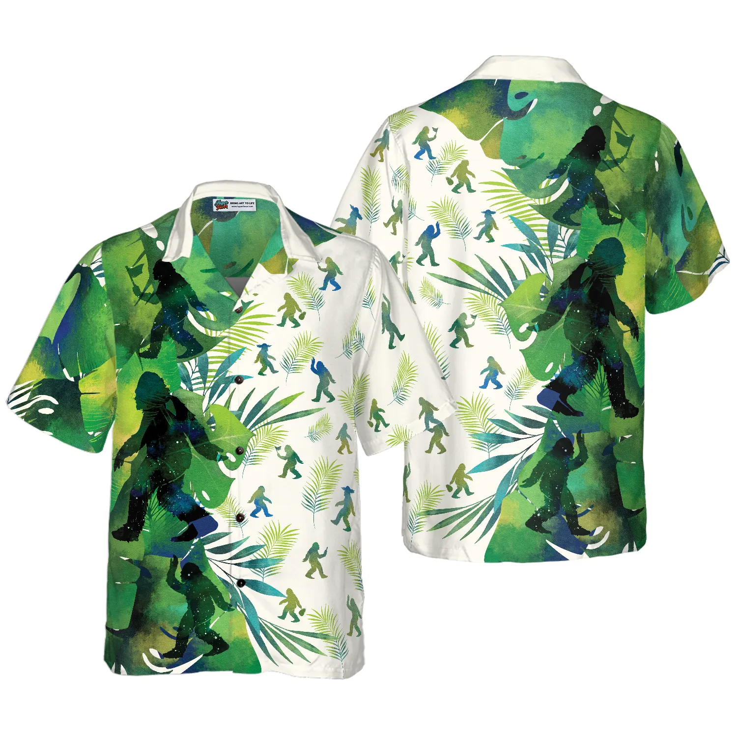 Bigfoot Silhouettes in Tropical Hawaiian Shirts for Men, Green Sasquatch Shirts