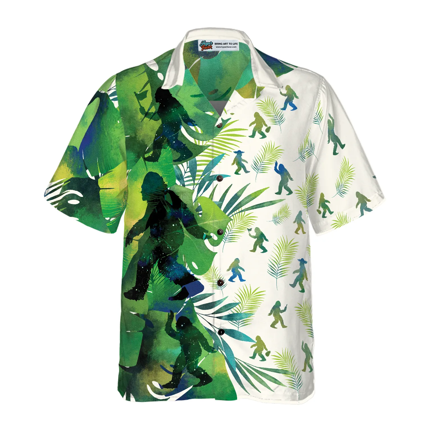 Bigfoot Silhouettes in Tropical Hawaiian Shirts for Men, Green Sasquatch Shirts