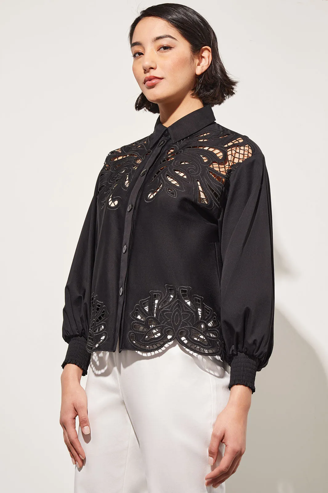 Bishop Sleeve Blouse - Floral Lace Stretch Cotton, Black