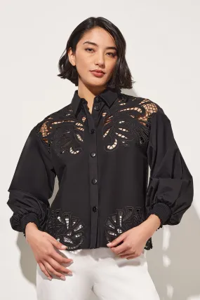 Bishop Sleeve Blouse - Floral Lace Stretch Cotton, Black