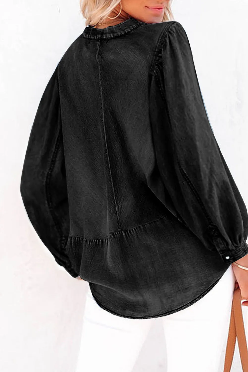 Black Split V-Neck Balloon Sleeve Ruched Denim Top