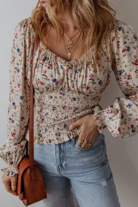 Boho Floral Smocked Waist V Neck Blouse