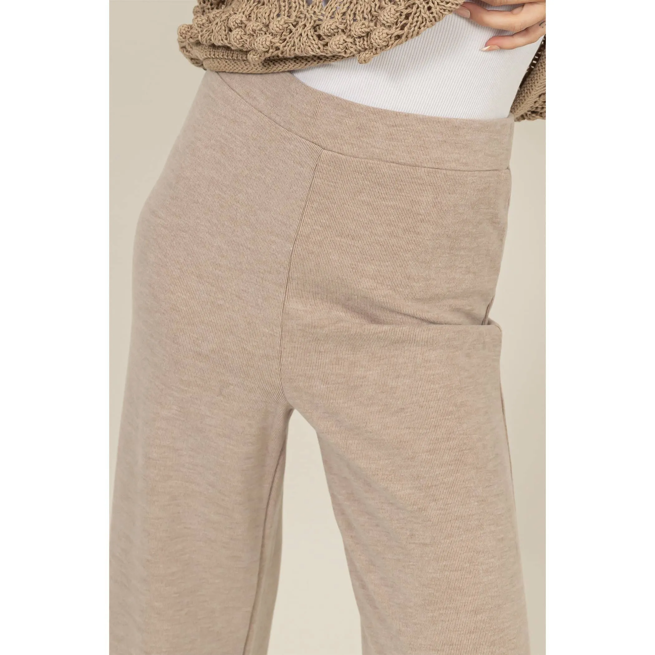 Camel Relaxed Rib Knit Wide Leg Pants