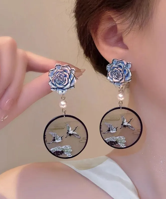 Chinese Style Blue Sterling Silver Floral Pearl Crowned Crane Drop Earrings QQ023