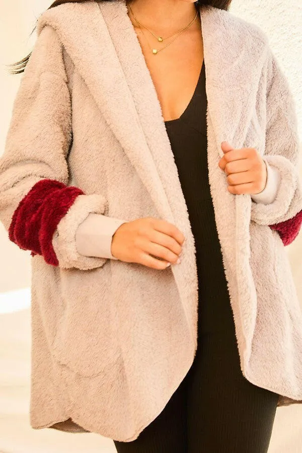 Color Block Long Sleeve Wool Hoodie Jacket With Pocket