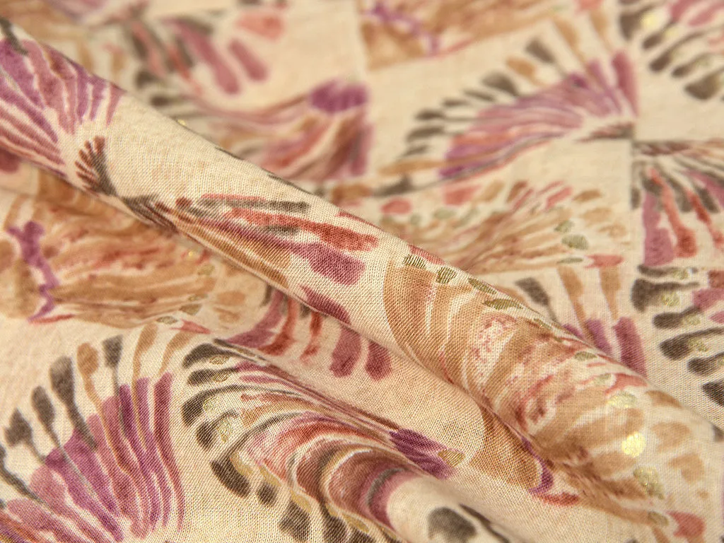 Cream & Light Purple Floral Pure Mul Mul Cotton Fabric