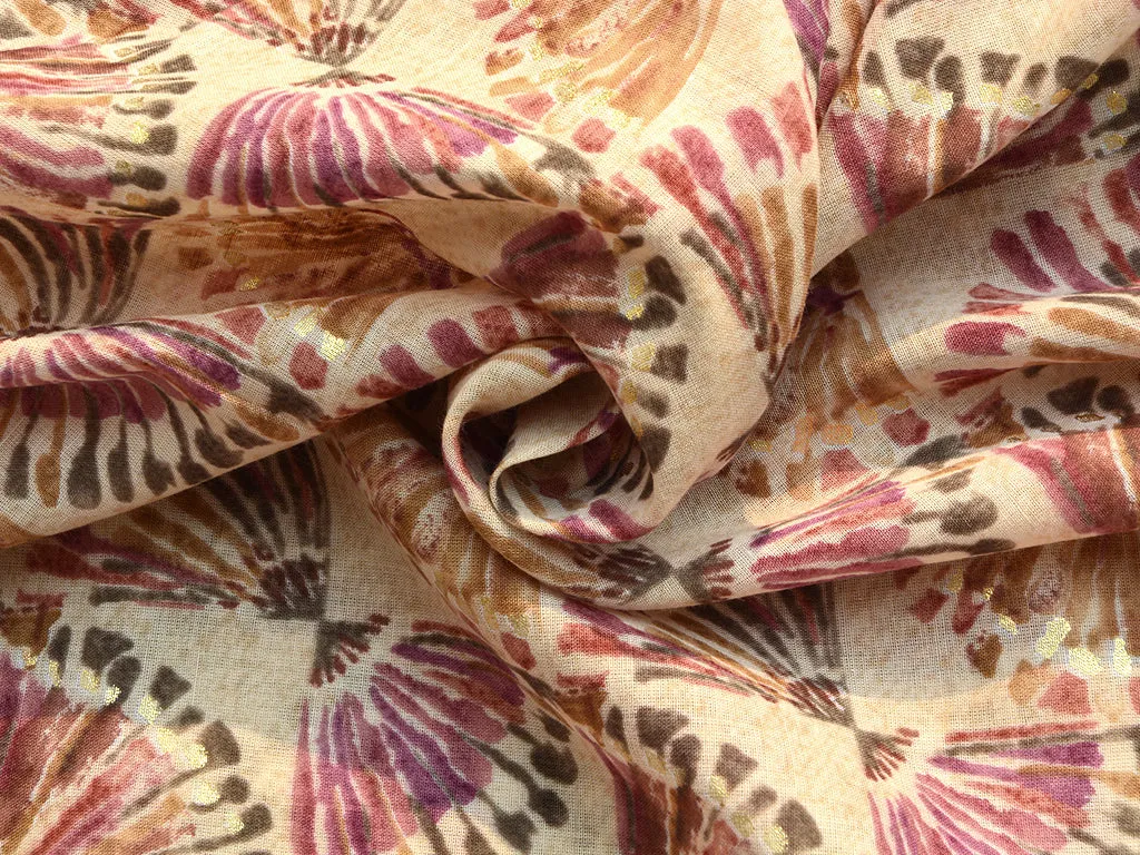 Cream & Light Purple Floral Pure Mul Mul Cotton Fabric