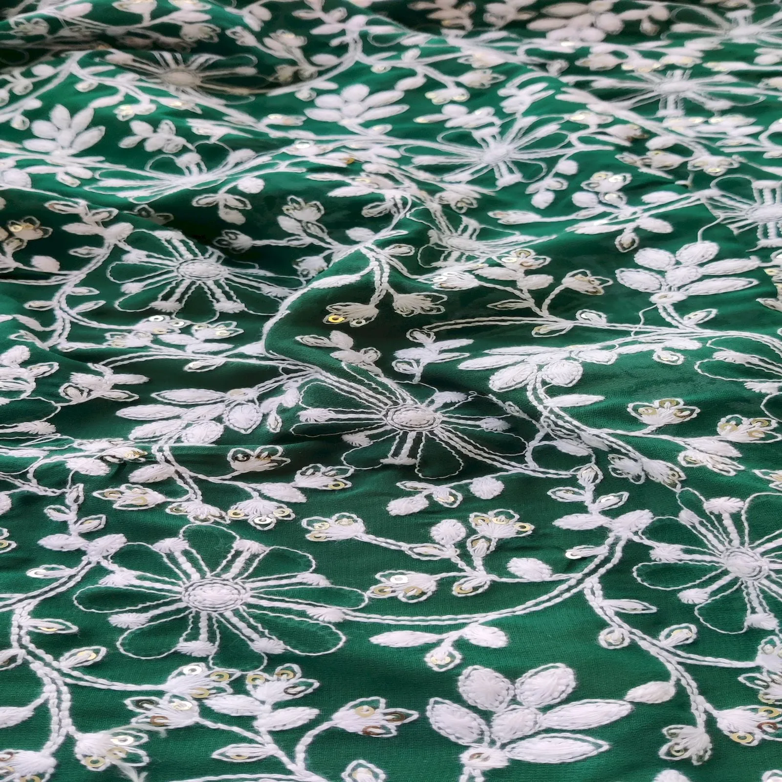 Dark Green Floral Sequins Chikankari Embroidered Georgette Fabric