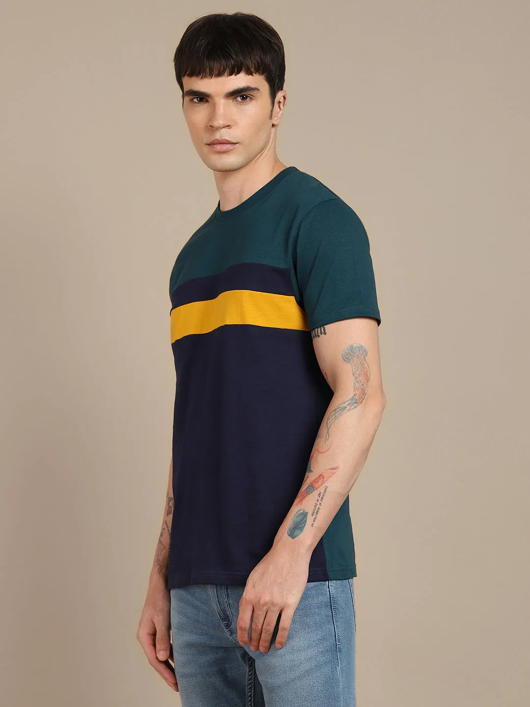 Dennis Lingo Colourblocked Polo Collar Slim Fit Pure Cotton T-shirt