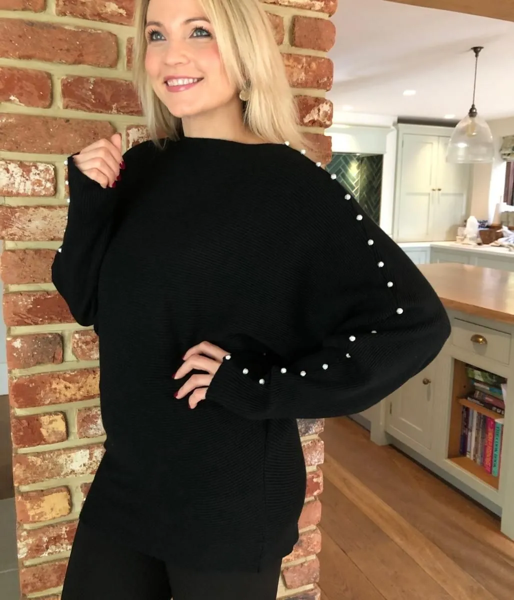 Diamante Stud Ribbed Batwing Jumper