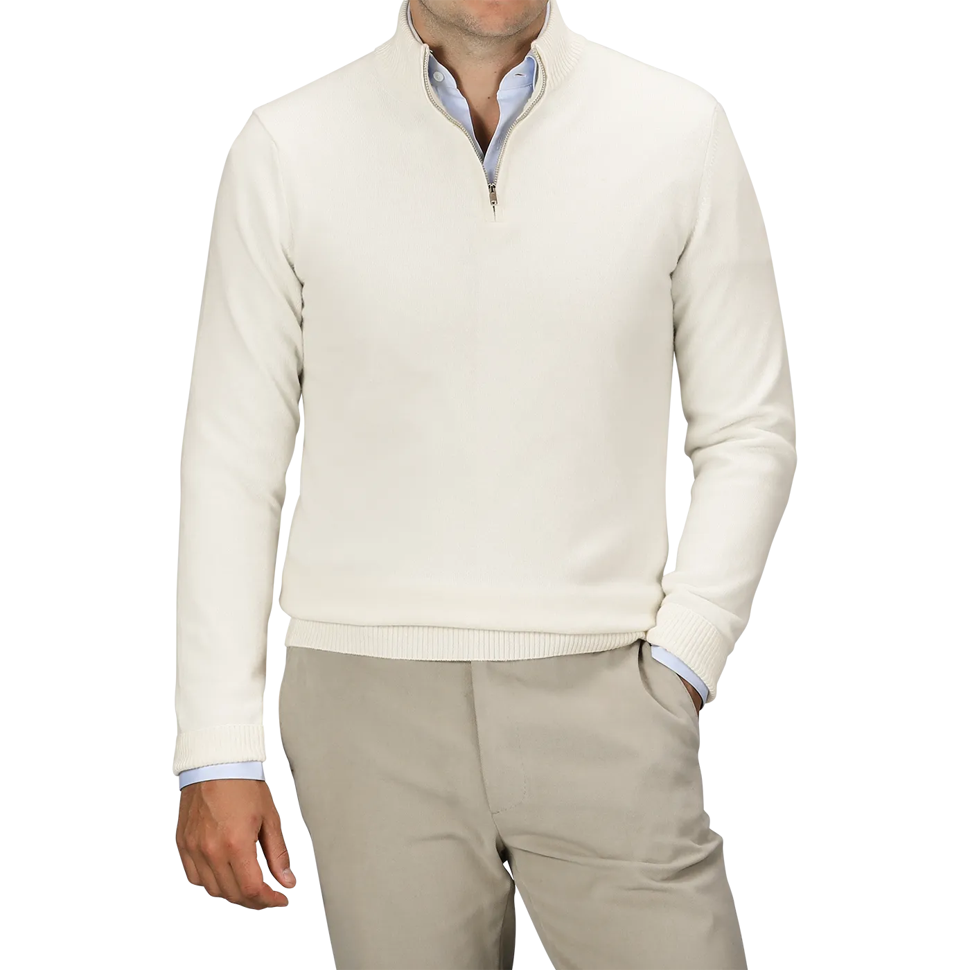 Ecru Wool Cashmere Quarter Zip Sweater