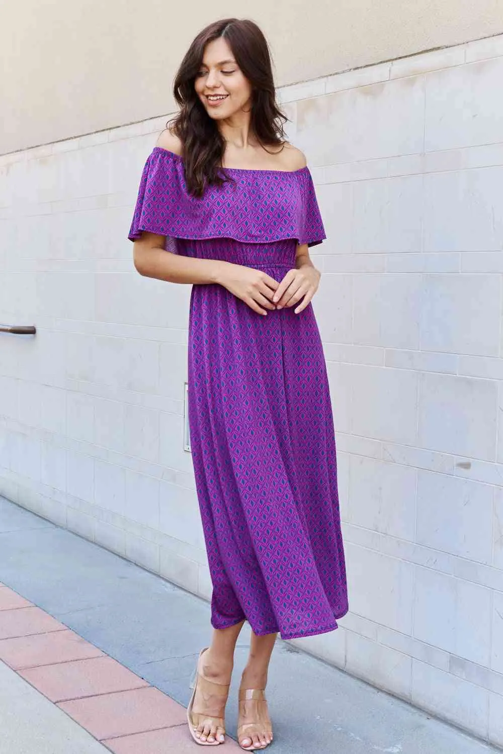 e.Luna My Best Angle Geometric Pattern Off The Shoulder Midi Dress in Purple