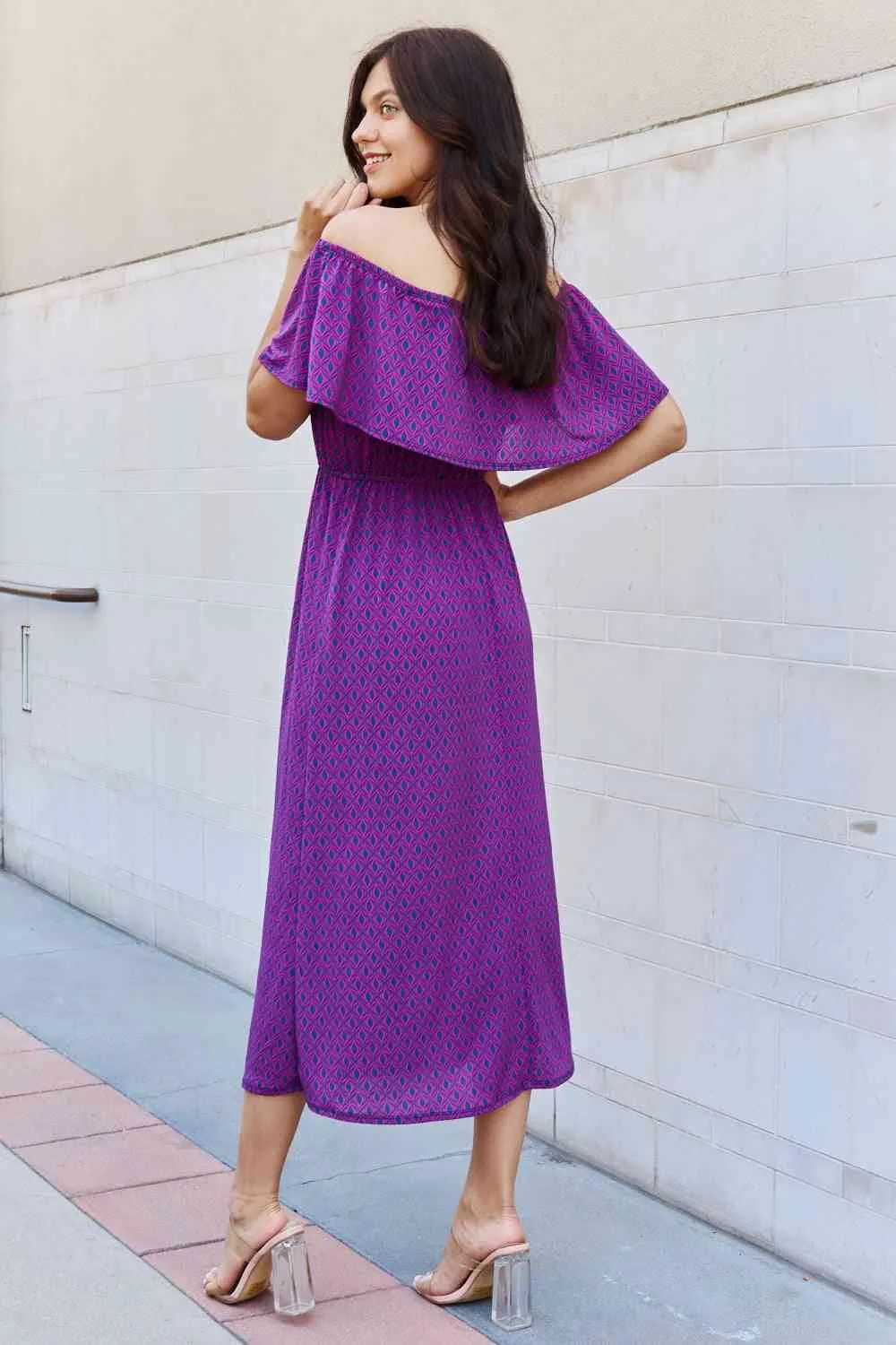 e.Luna My Best Angle Geometric Pattern Off The Shoulder Midi Dress in Purple