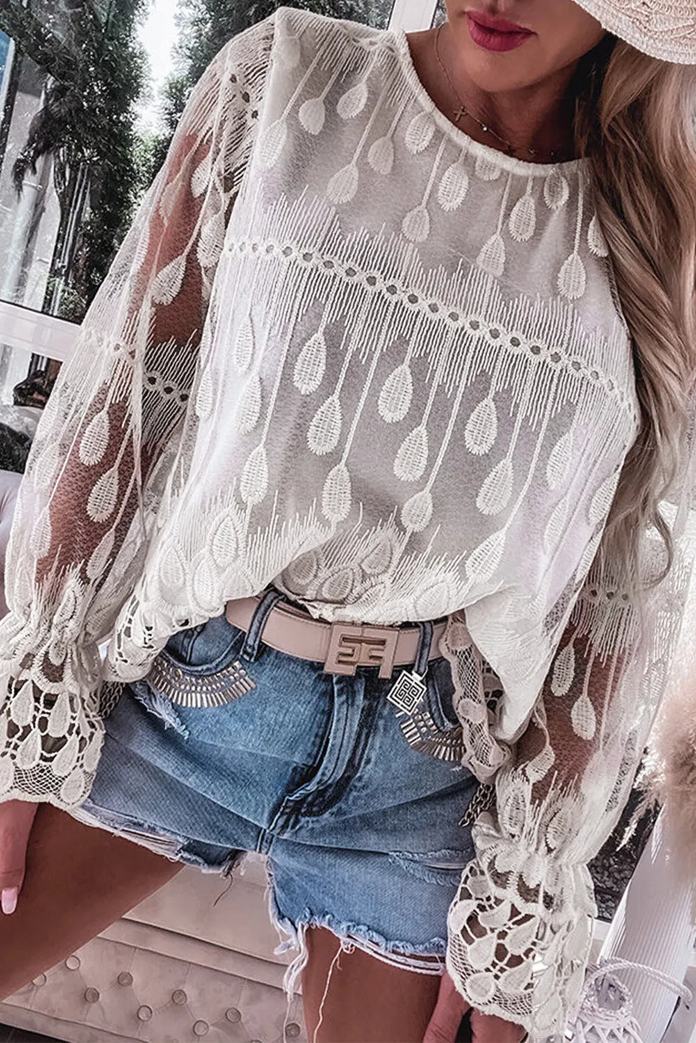 Embroidered Mesh Flounce Sleeve Blouse