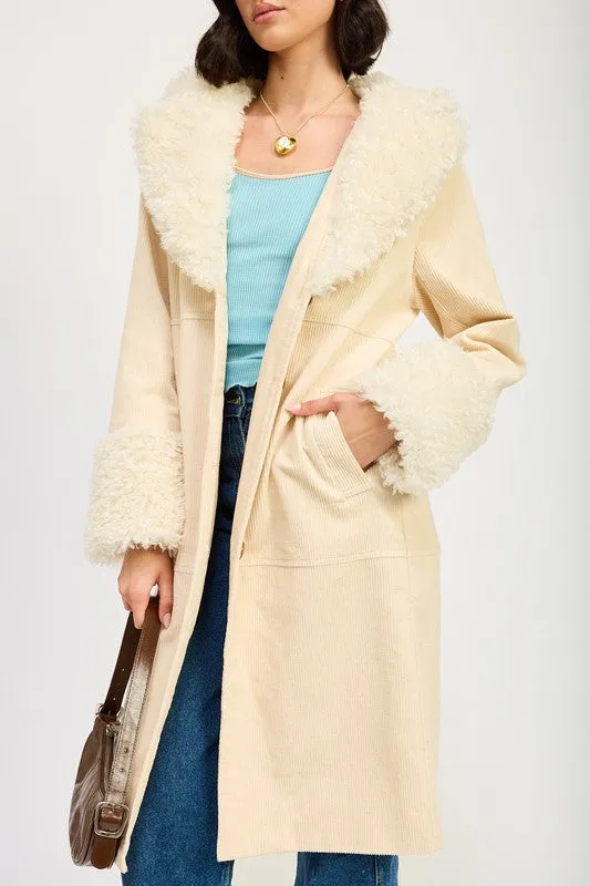 Faux Ivory Fur Mid Trench Coat