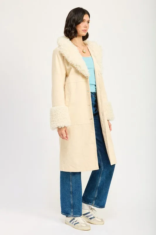 Faux Ivory Fur Mid Trench Coat