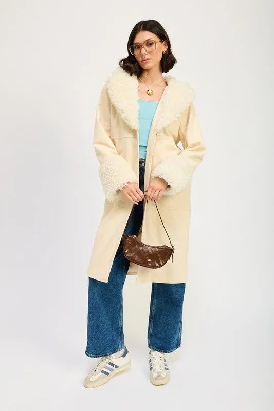 Faux Ivory Fur Mid Trench Coat