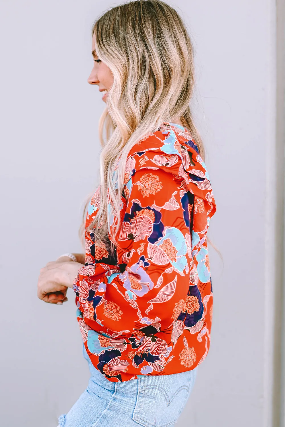 Fiery Red Floral Print Ruffle Puff Sleeve Blouse