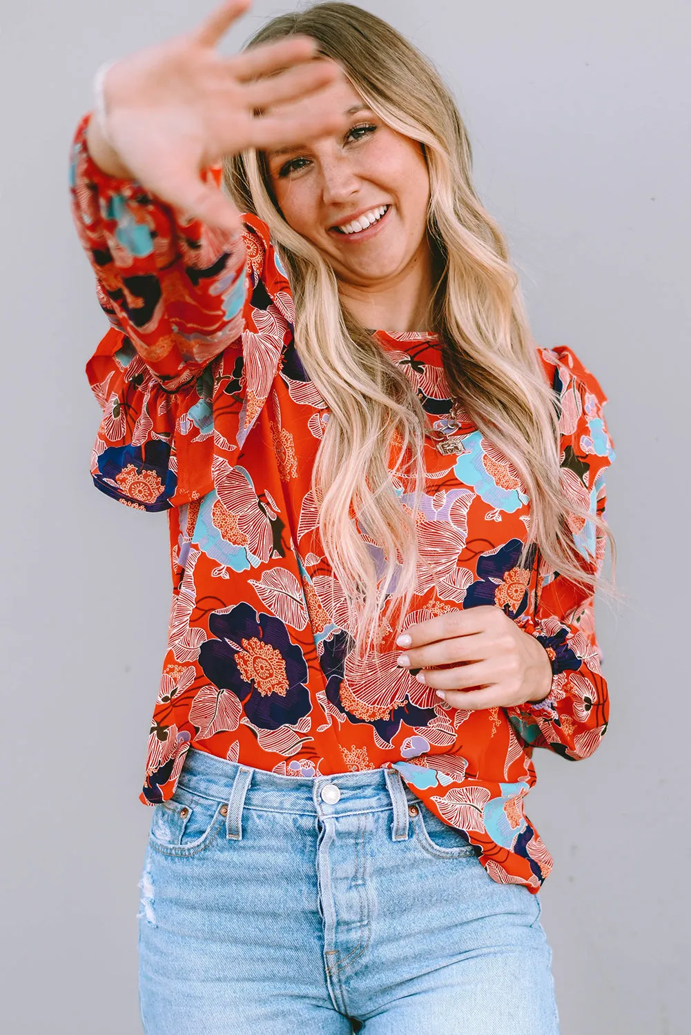 Fiery Red Floral Print Ruffle Puff Sleeve Blouse