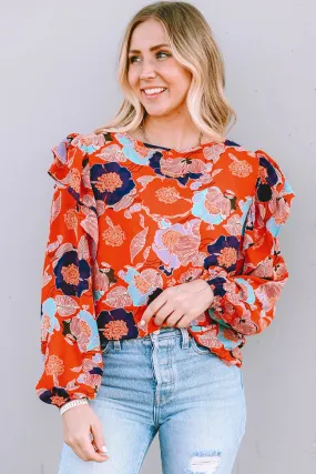 Fiery Red Floral Print Ruffle Puff Sleeve Blouse