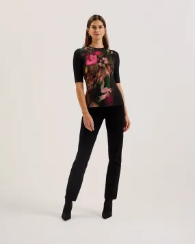 Floene Printed Skinny Fit Quarter Sleeve Top Black