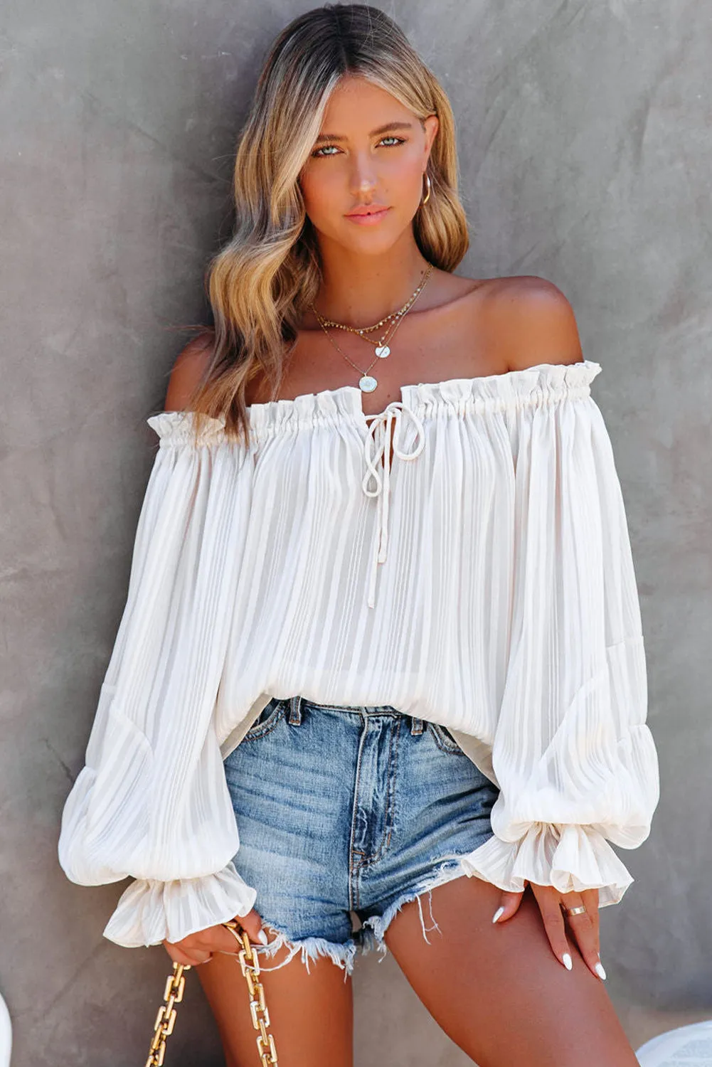 Frilled Off The Shoulder Striped Blouse