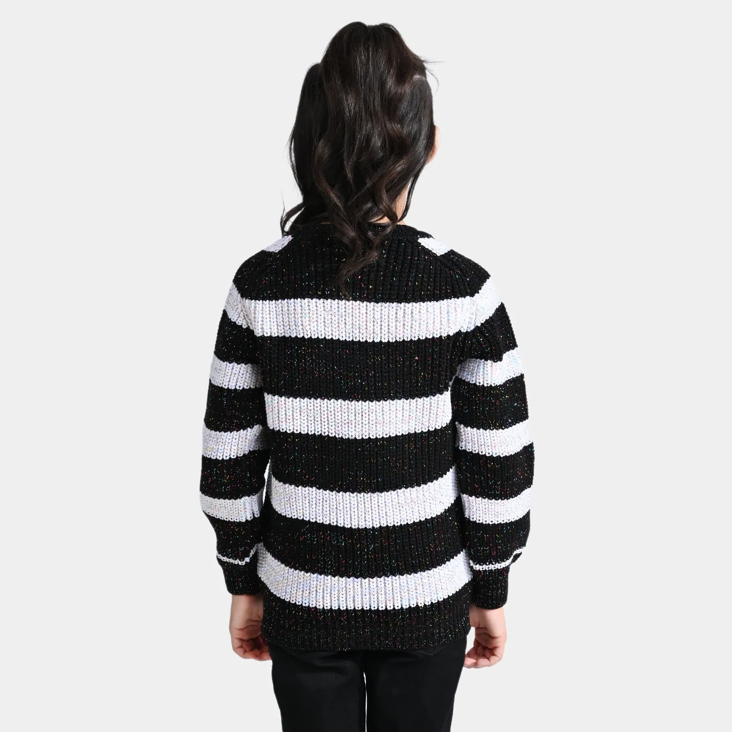 Girls Acrylic-Feather Lurex Sweater-Black/White