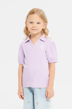 Girls Lilac Ribbed Collar Puff Sleeve Top