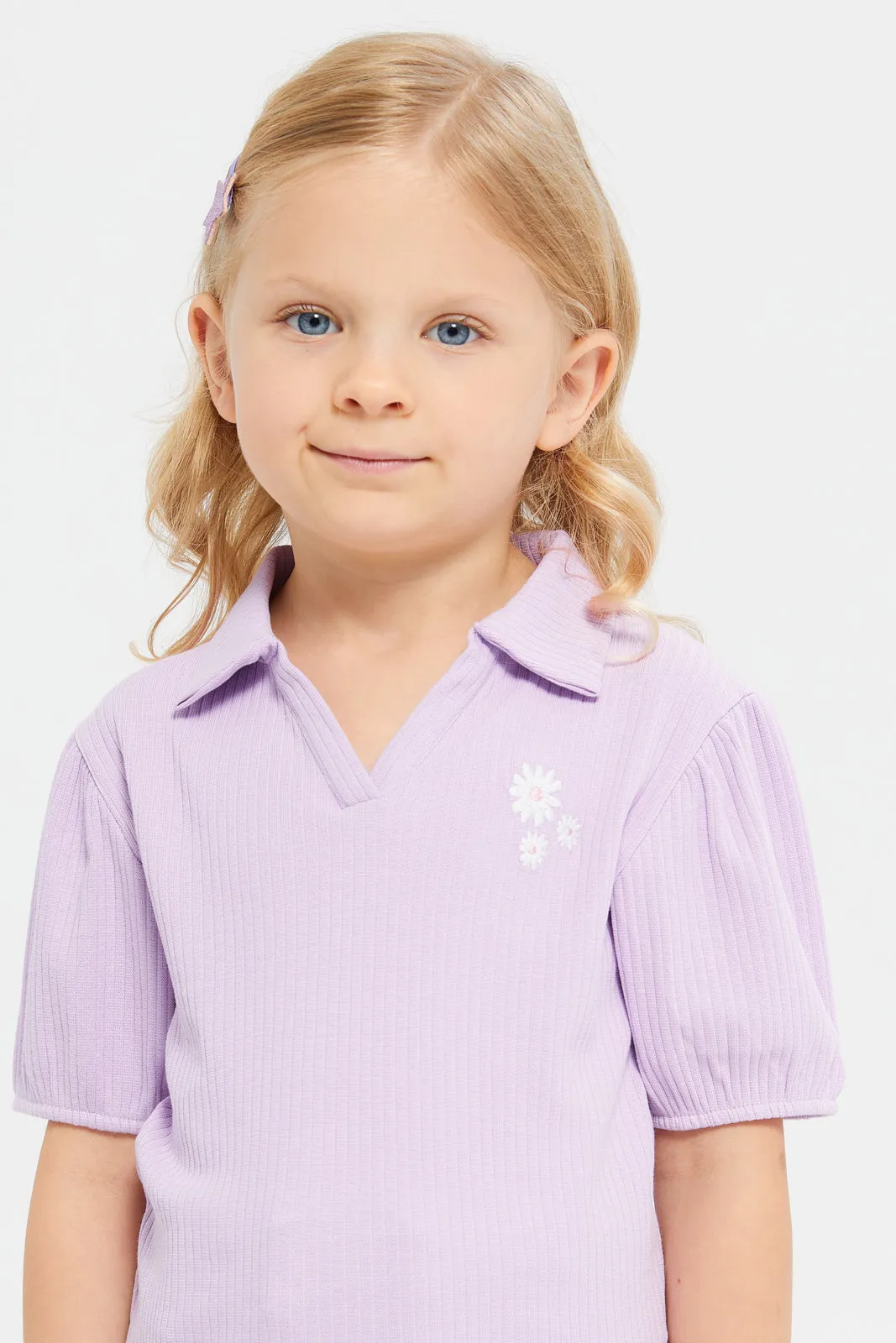 Girls Lilac Ribbed Collar Puff Sleeve Top