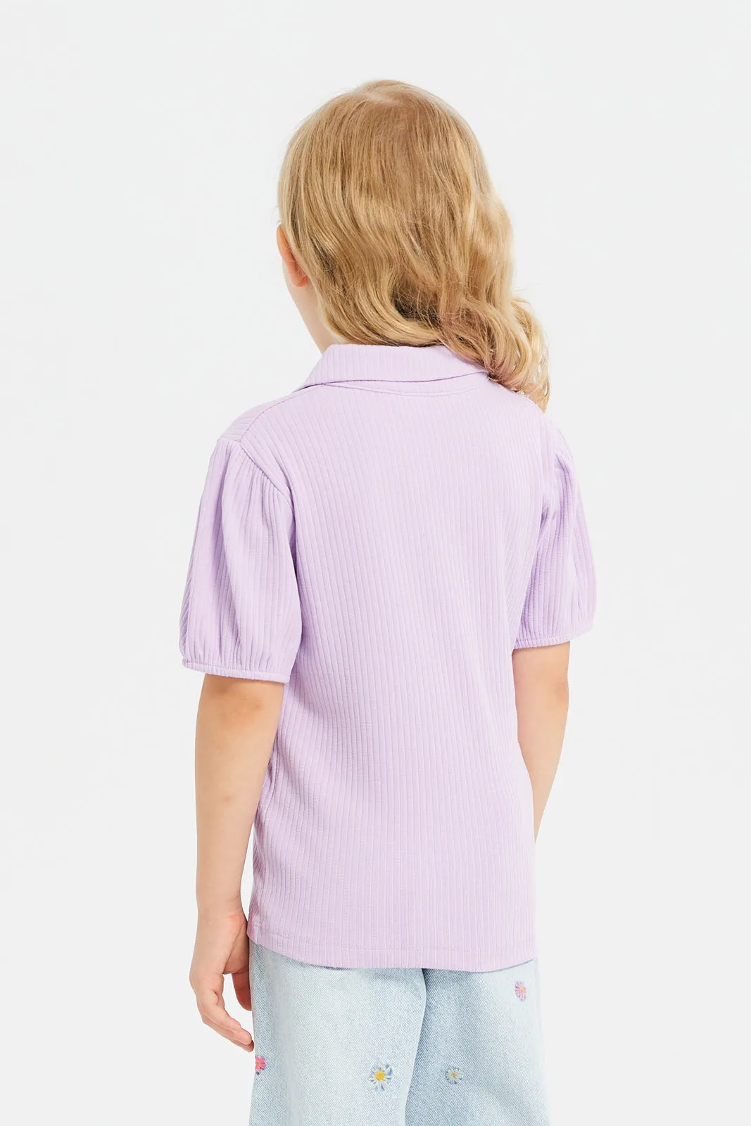 Girls Lilac Ribbed Collar Puff Sleeve Top