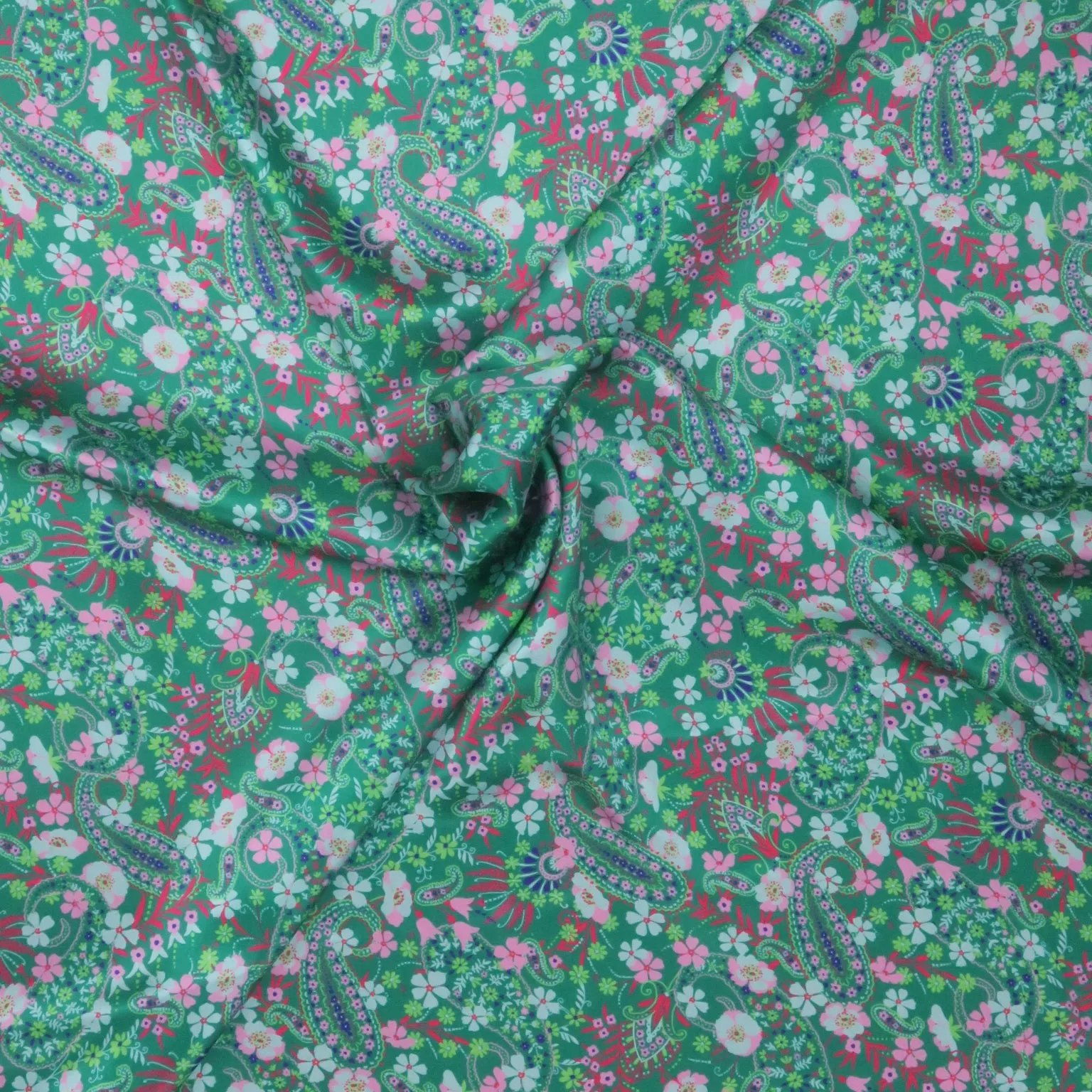 Green Floral and Paisleys Printed Silk Charmeuse Fabric