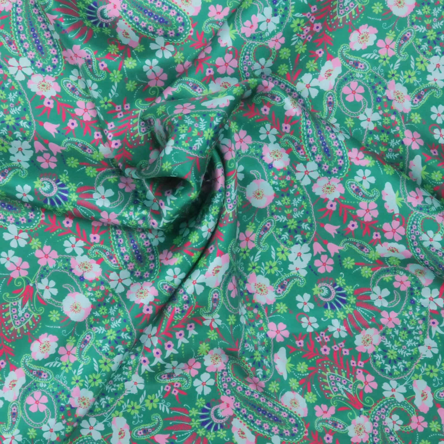 Green Floral and Paisleys Printed Silk Charmeuse Fabric