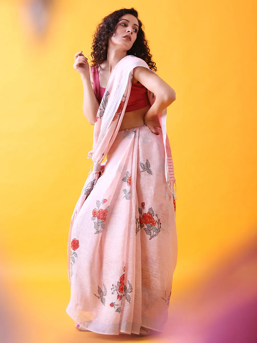 Handwoven Pink Linen Saree with Prints and Zari