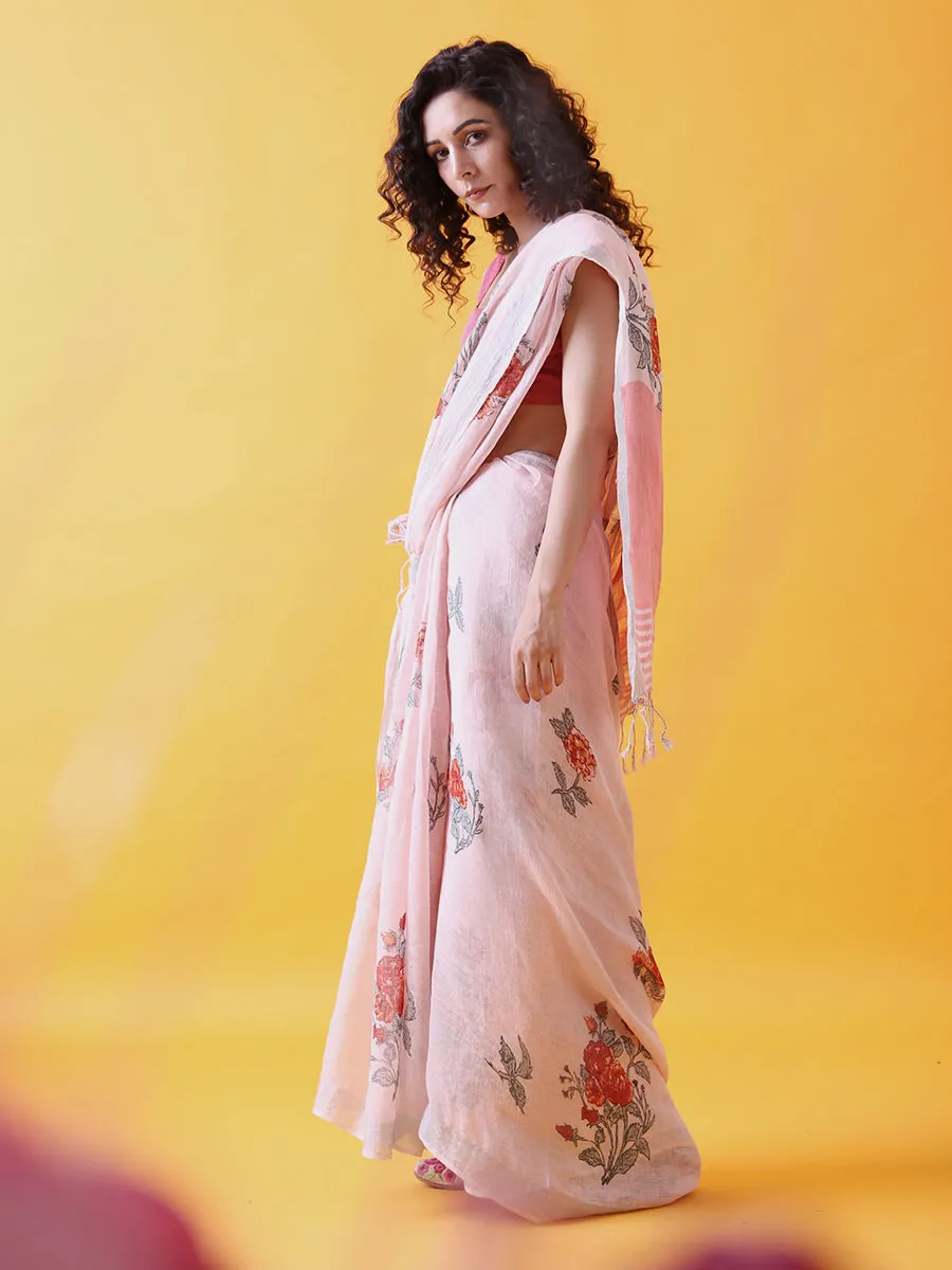 Handwoven Pink Linen Saree with Prints and Zari