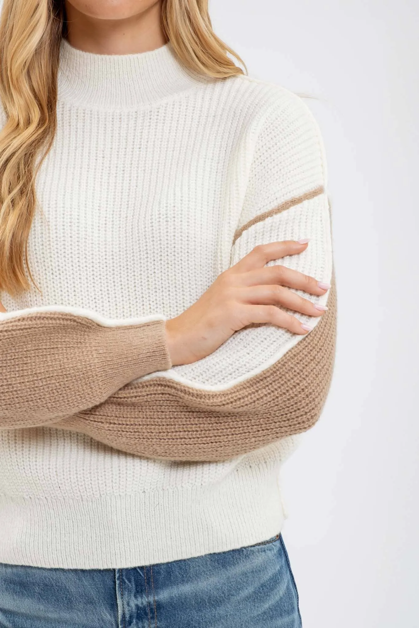 Ivory Mock Neck Colorblocked Sweater