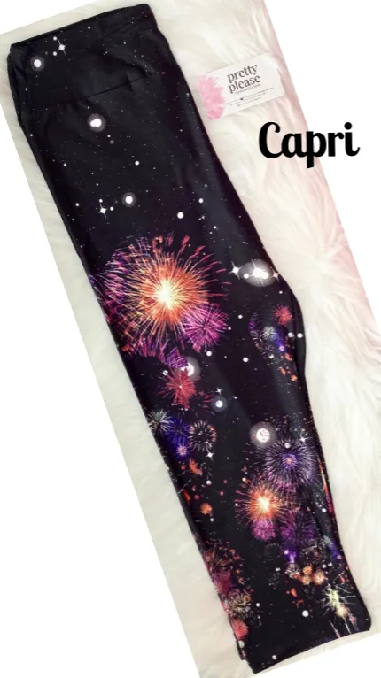 July 4th FIREWORKS SOFT Capri Leggings Independence Day Red White Blue rts