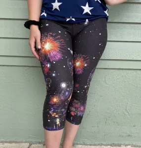 July 4th FIREWORKS SOFT Capri Leggings Independence Day Red White Blue rts