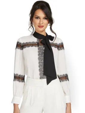 Lace-Inset Tie-Neck Blouse