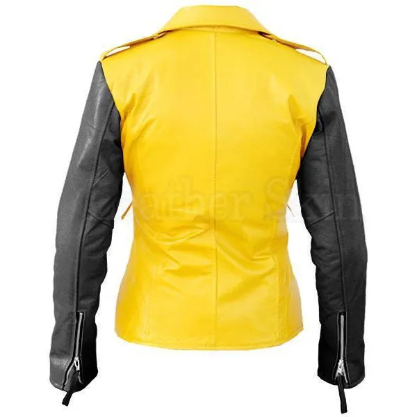 Leather Skin Women Yellow Brando Genuine Leather Jacket with Black Sleeves