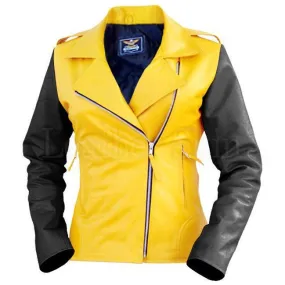 Leather Skin Women Yellow Brando Genuine Leather Jacket with Black Sleeves