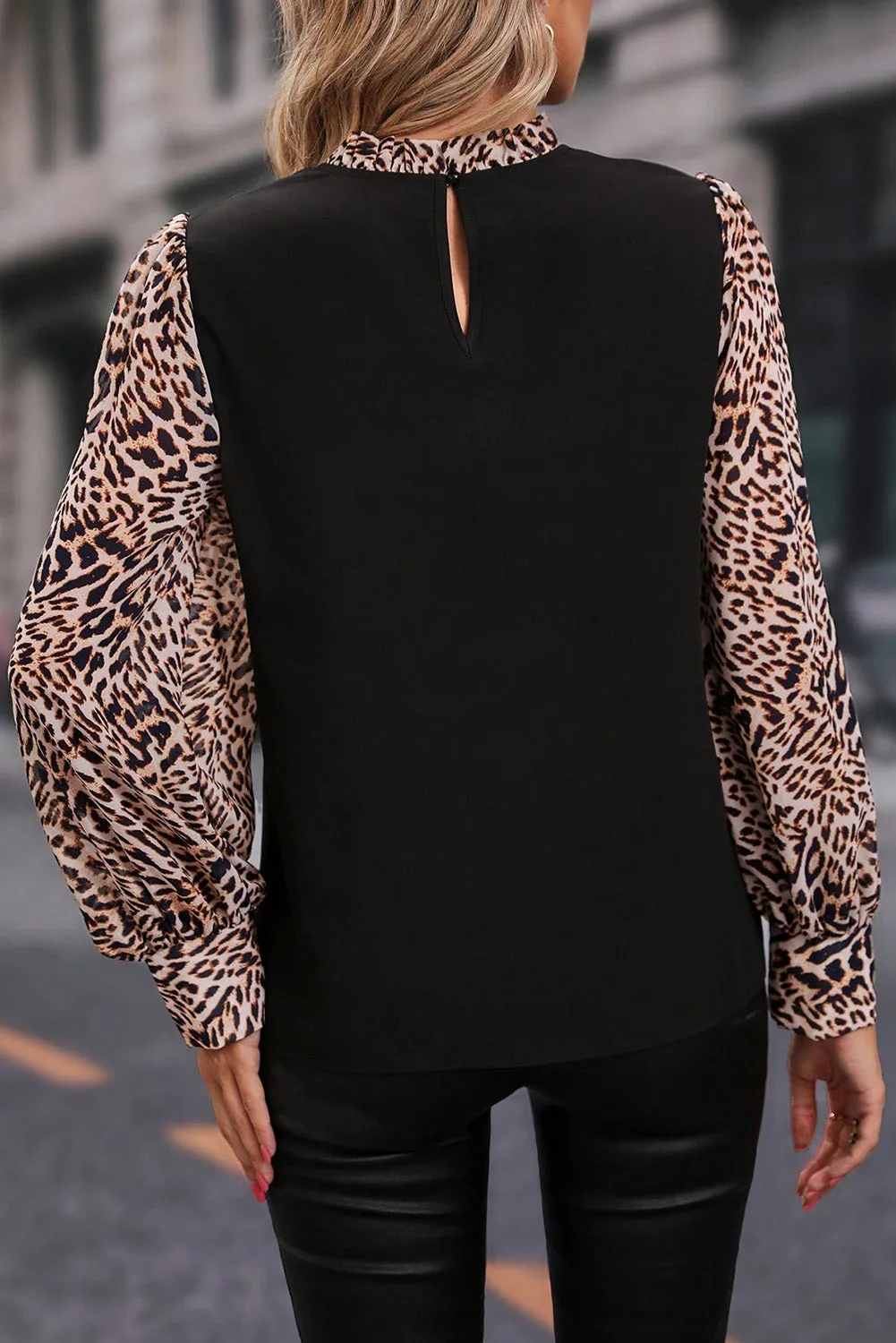 Leopard Colorblock Lantern Sleeve Blouse