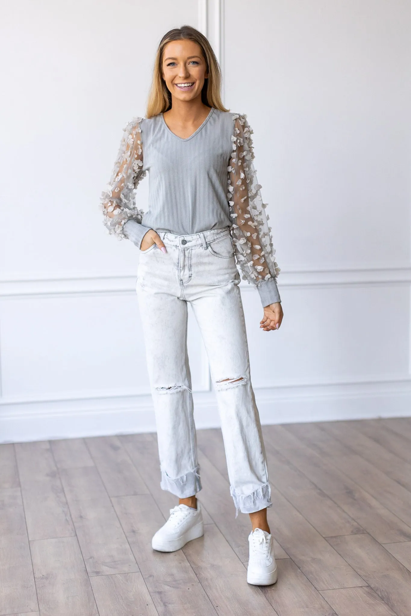 Love Blooms Grey Mesh Sleeve Top