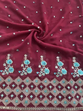 Maroon Traditional Sequins & Zari Embroidered Georgette Fabric