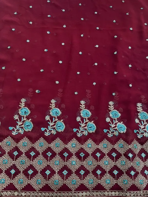 Maroon Traditional Sequins & Zari Embroidered Georgette Fabric