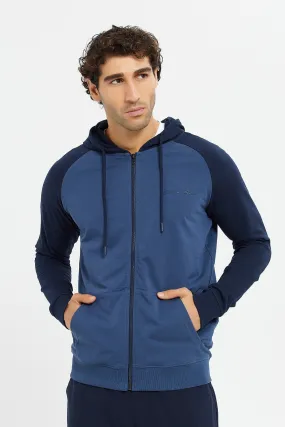 Men Blue And Navy Raglan Hooded Sweatshirt