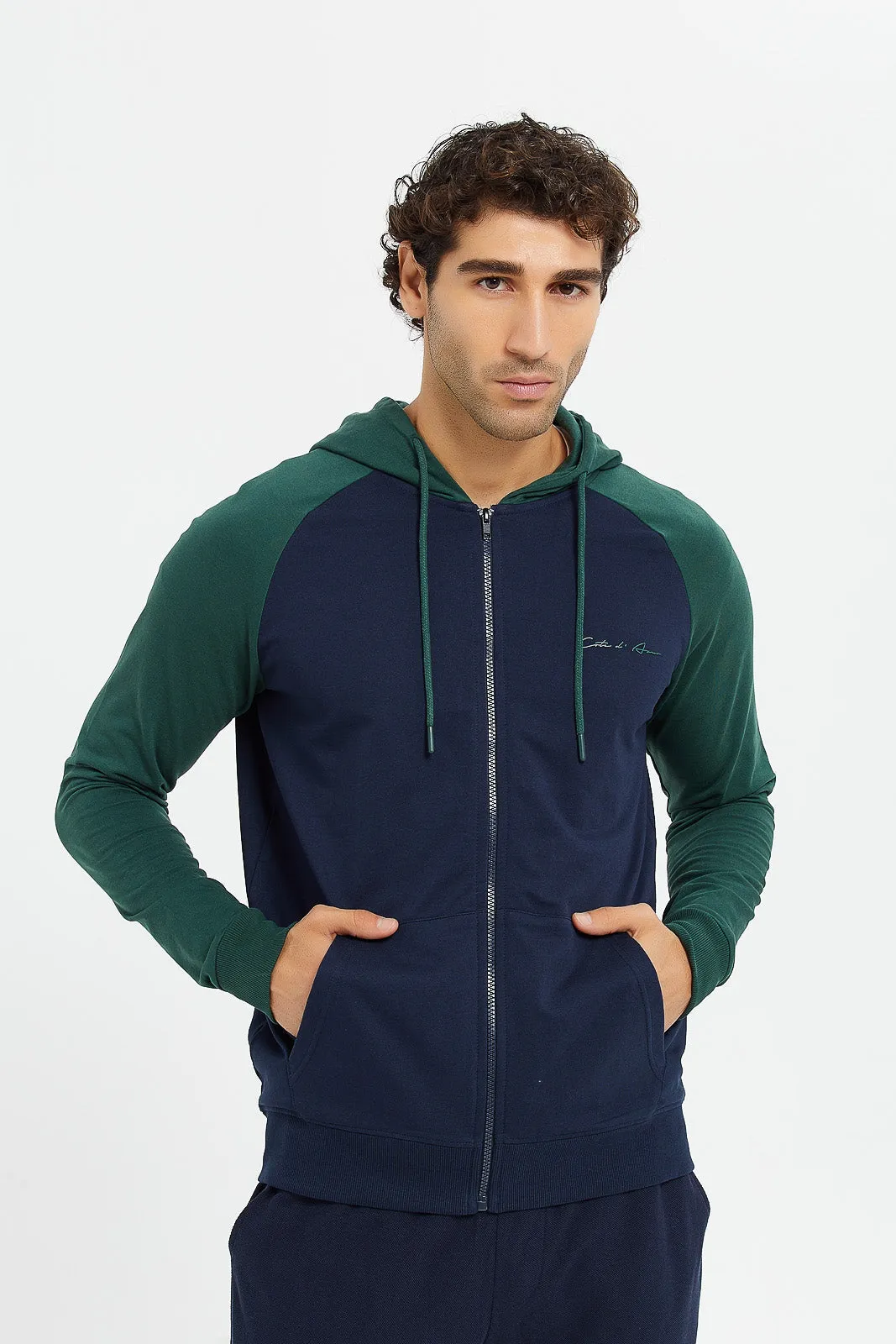 Men Navy And Green Raglan Hooded Sweatshirt